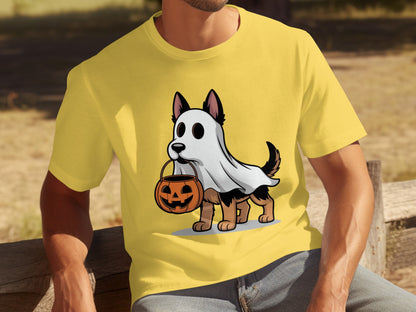 Cute Dog in Ghost Costume with Pumpkin T-shirt