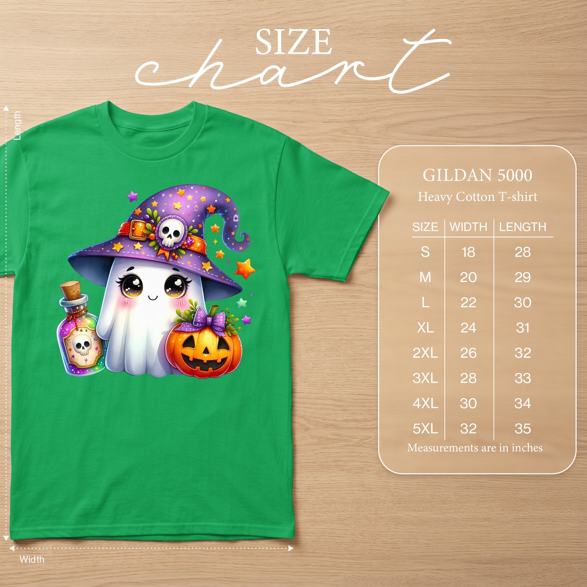 Green Gildan 5000 t-shirt featuring a cute Halloween ghost with a witch hat and pumpkin.