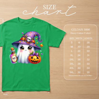 Green Gildan 5000 t-shirt featuring a cute Halloween ghost with a witch hat and pumpkin.