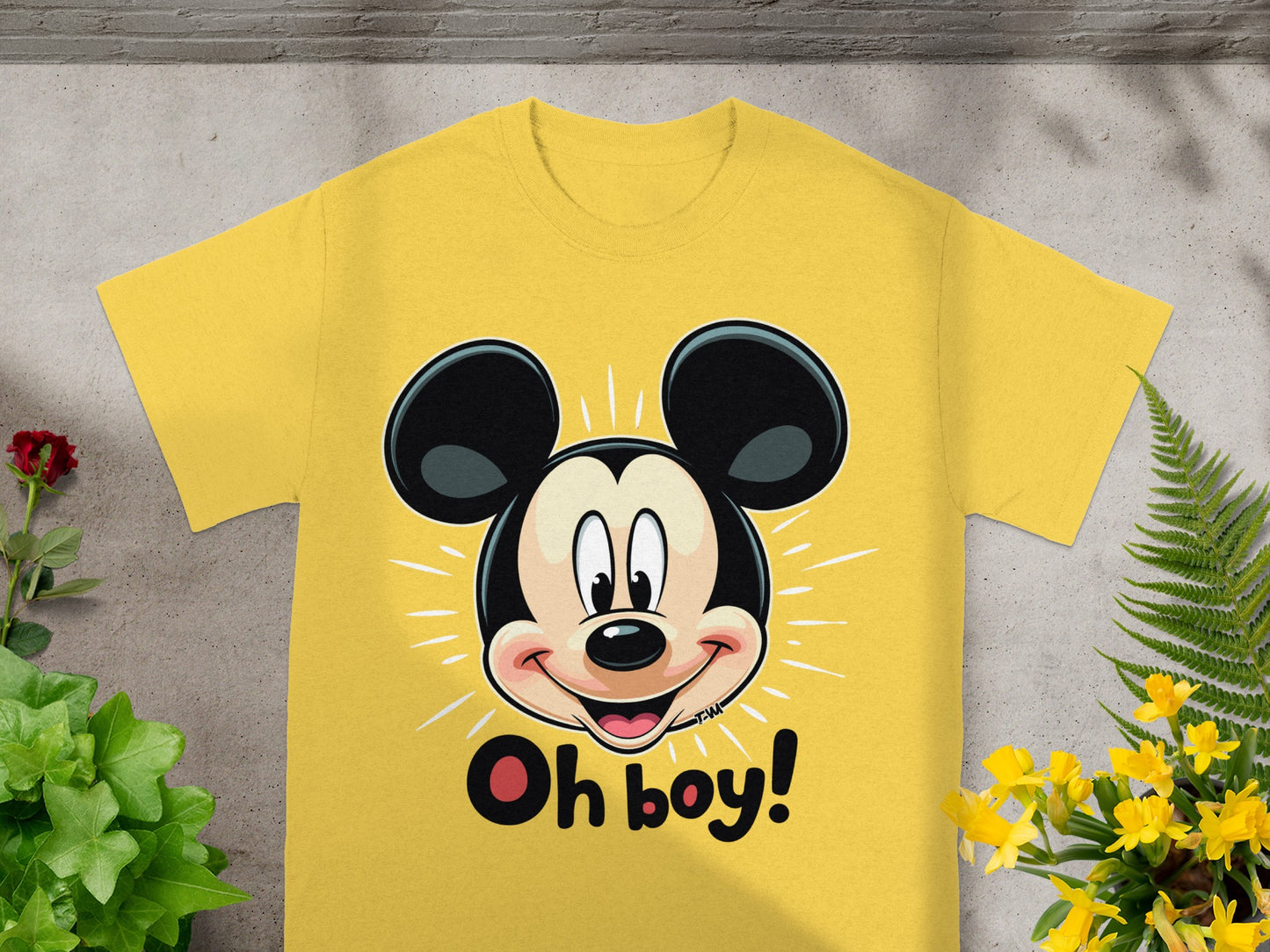 Yellow t-shirt with Mickey Mouse head and "Oh boy!" text.