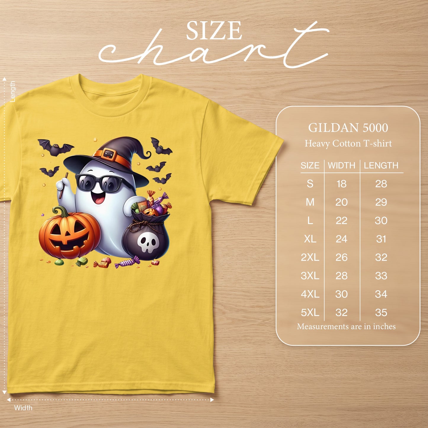 Yellow Gildan 5000 Heavy Cotton T-shirt with ghost and Halloween graphics, size chart.