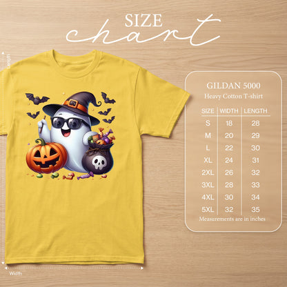 Yellow Gildan 5000 Heavy Cotton T-shirt with ghost and Halloween graphics, size chart.