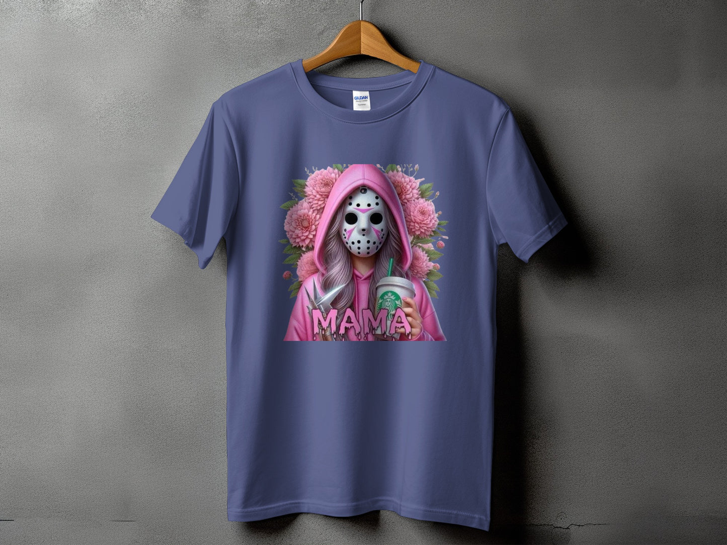 T-shirt with pink hoodie, hockey mask, Starbucks cup, and "MAMA" text.