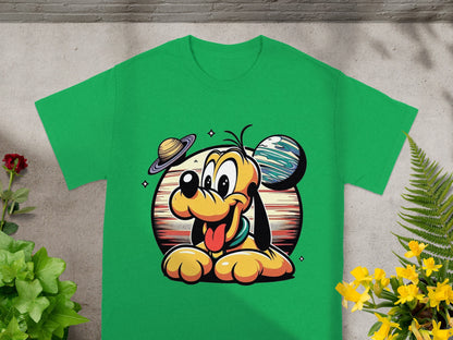 Green t-shirt featuring Pluto the cartoon dog with planets and stars.
