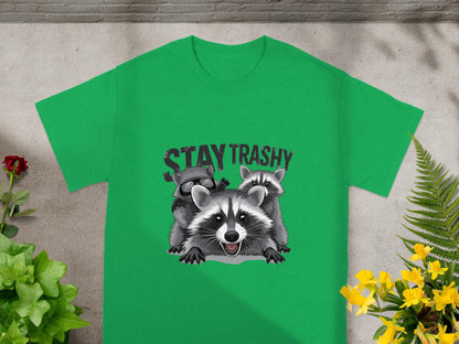 Stay Trashy Raccoon Graphic Tee Fun Saying Shirt