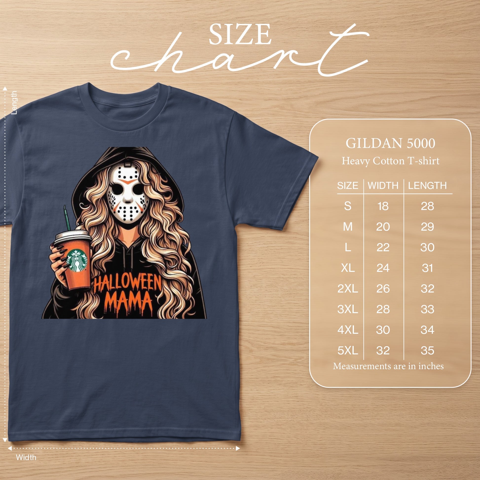 T-shirt with "Halloween Mama" graphic and a size chart.