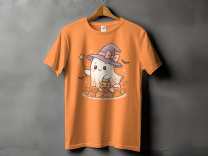 Orange t-shirt with a cute ghost in a witch hat holding a pumpkin bucket.