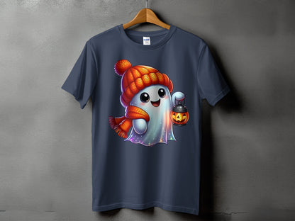 T-shirt with a cute ghost wearing a hat and scarf, holding a jack-o'-lantern.