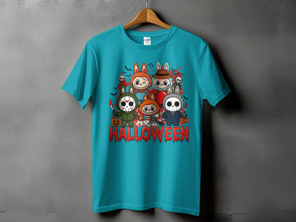 Turquoise t-shirt with cartoon characters dressed as horror movie icons and the word HALLOWEEN.