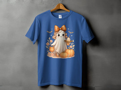 Cute ghost with bow and pumpkin drink on a blue t-shirt.