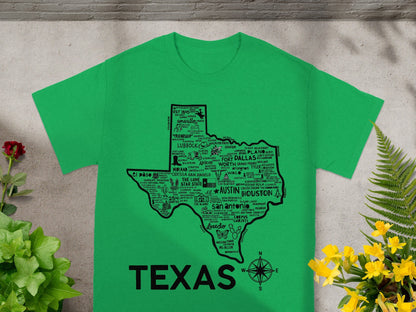Green Texas Map Graphic T-Shirt with Compass Design