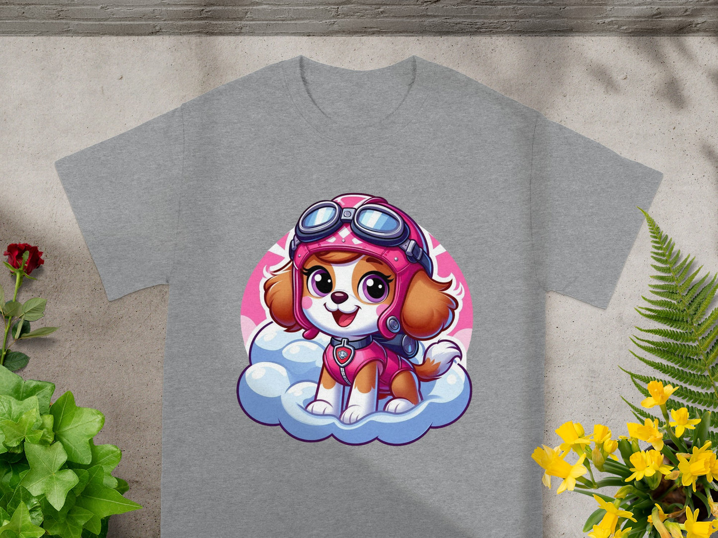 Paw Patrol Skye flying on a cloud with pink background.