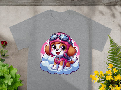 Paw Patrol Skye flying on a cloud with pink background.