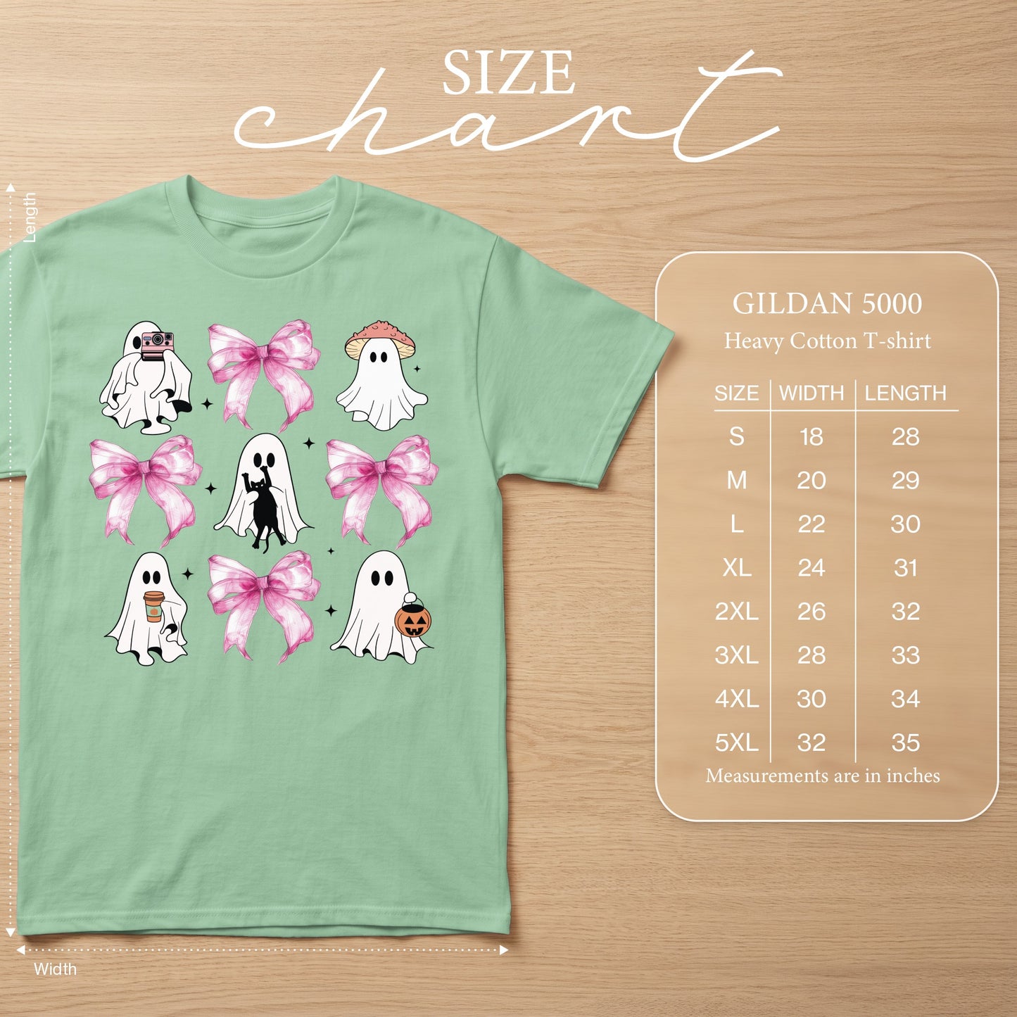 Gildan 5000 Heavy Cotton T-shirt size chart with ghost and bow graphic.