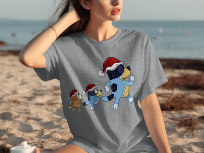 Santa Hat Cartoon Dogs Beach Summer Holiday T-shirt