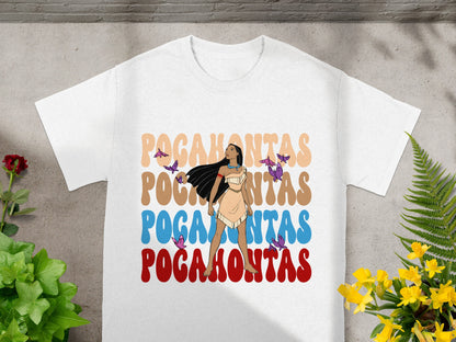 White t-shirt with "Pocahontas" in stylized text and butterfly graphics.