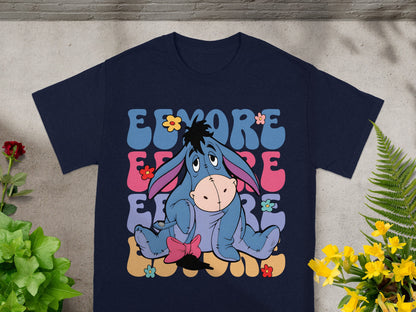 Eeyore sitting with colorful flowers and text.