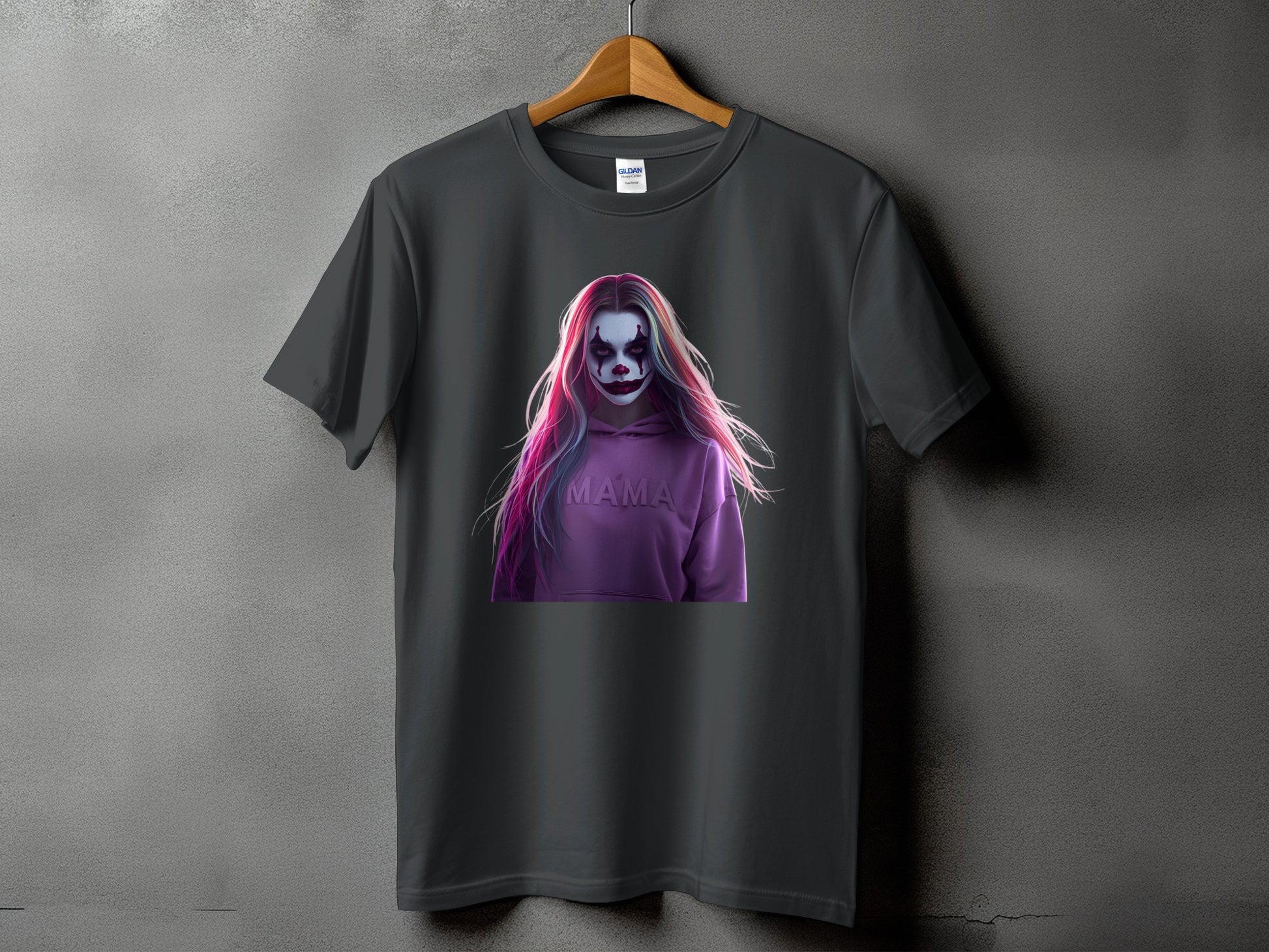 Dark gray t-shirt with a graphic of a woman with clown makeup and pink and blue hair.