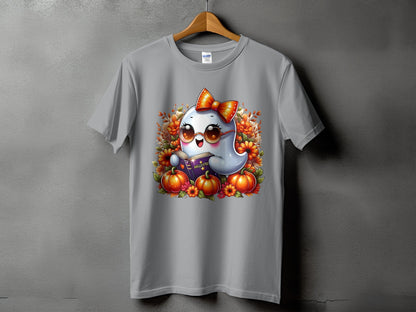 Gray t-shirt with a cute ghost reading a book surrounded by pumpkins and fall flowers.
