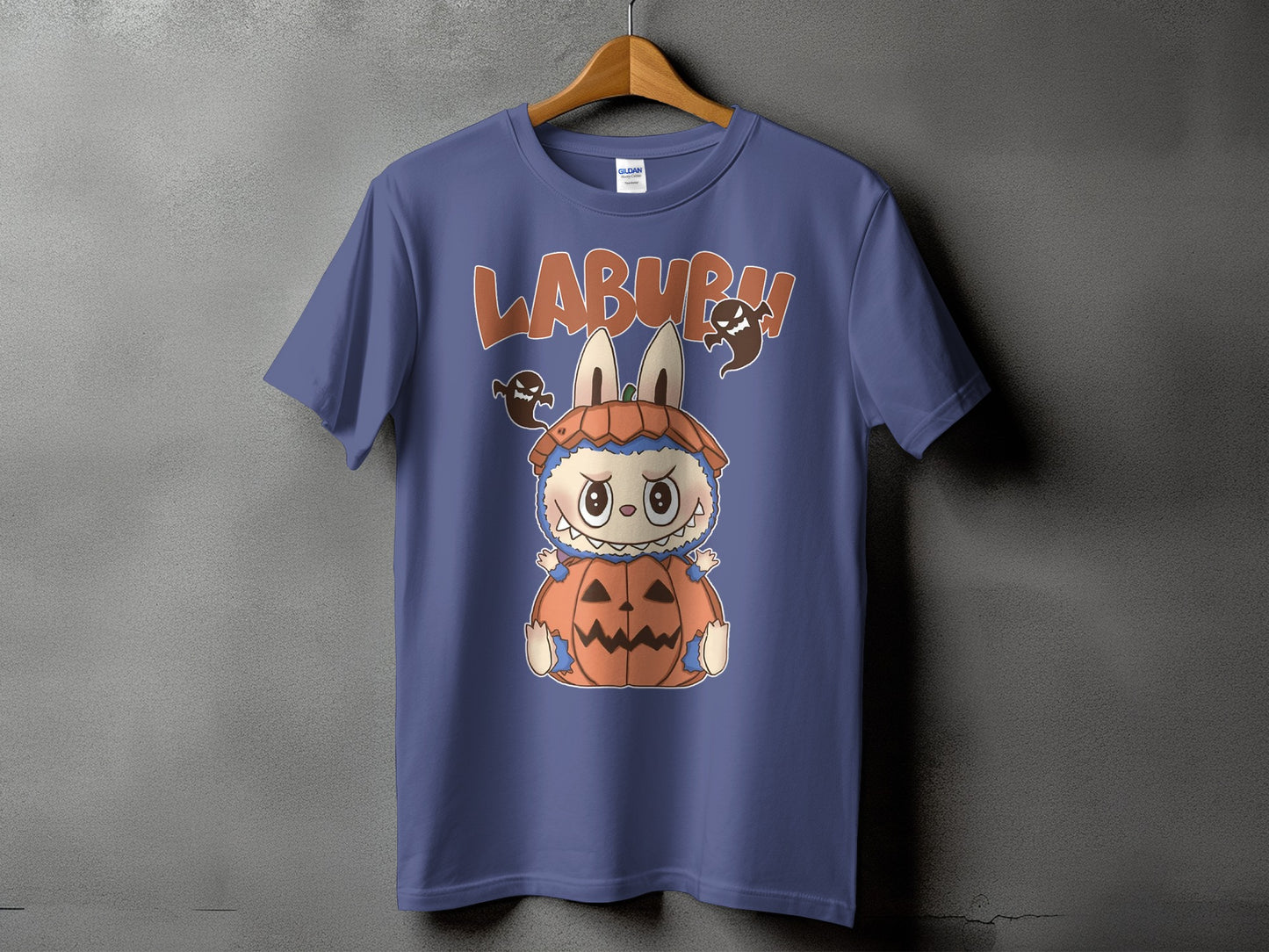 Purple t-shirt with "LABURM" text and a character in a pumpkin costume.