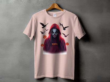 Pink t-shirt with a spooky clown graphic, pumpkins, and crows, "Mama" text.