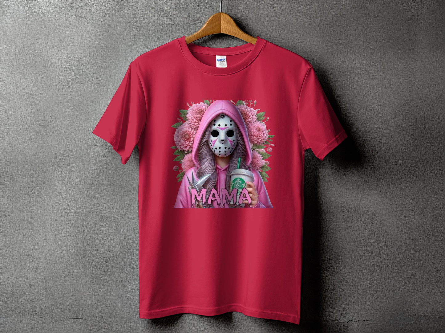 Pink t-shirt with graphic of masked figure holding Starbucks cup and scissors.