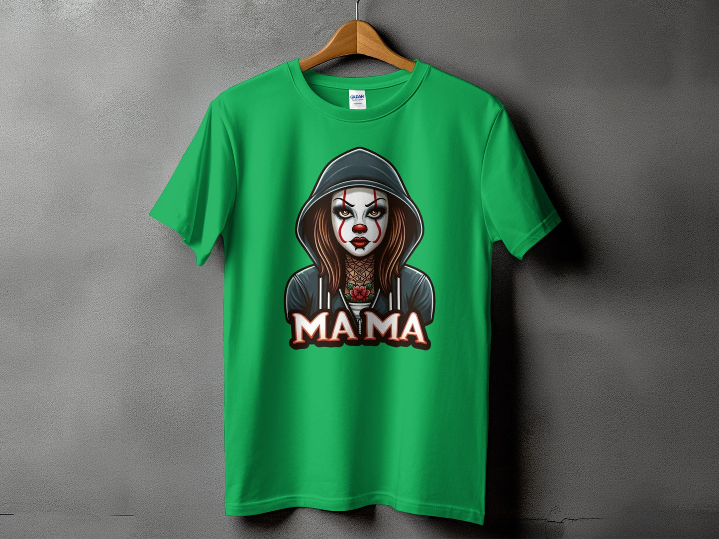 Green t-shirt with spooky clown design and "MAMA" text.