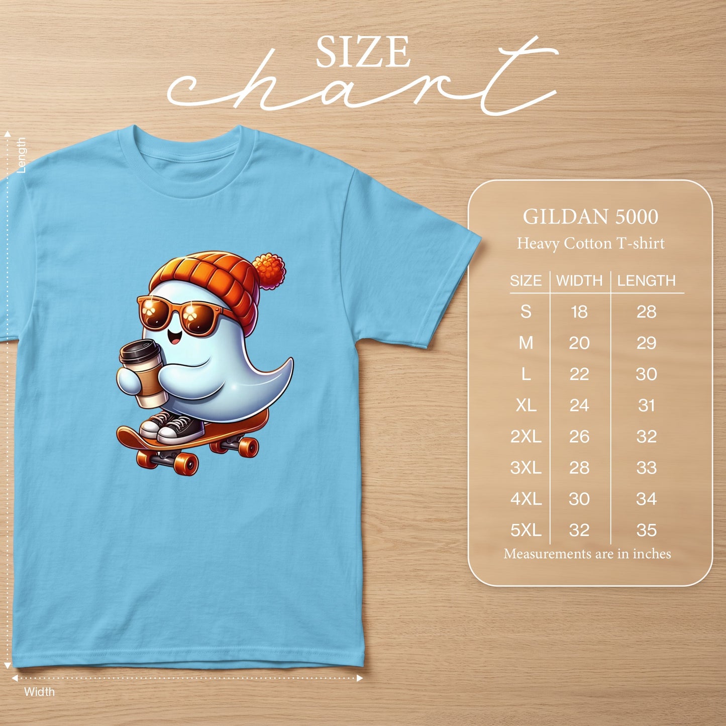 Light blue Gildan 5000 heavy cotton t-shirt with ghost graphic and size chart.