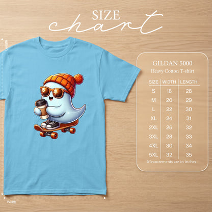 Light blue Gildan 5000 heavy cotton t-shirt with ghost graphic and size chart.