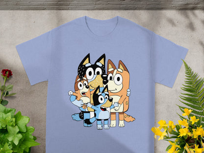 Bluey and Bingo Heeler family posing for a t-shirt design.
