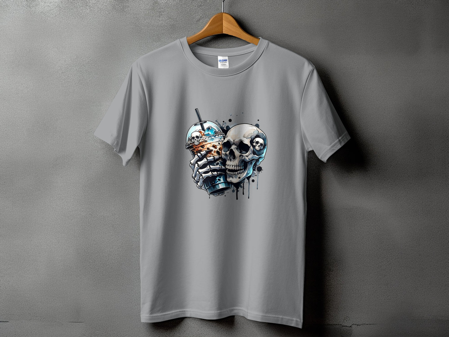 Gray t-shirt with a graphic of a skull holding a beverage with ice and a straw.