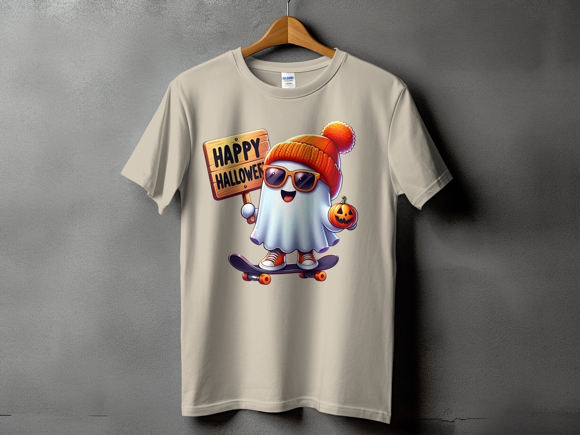 Ghost wearing a beanie and sunglasses rides a skateboard holding a pumpkin and sign saying Happy Halloween.