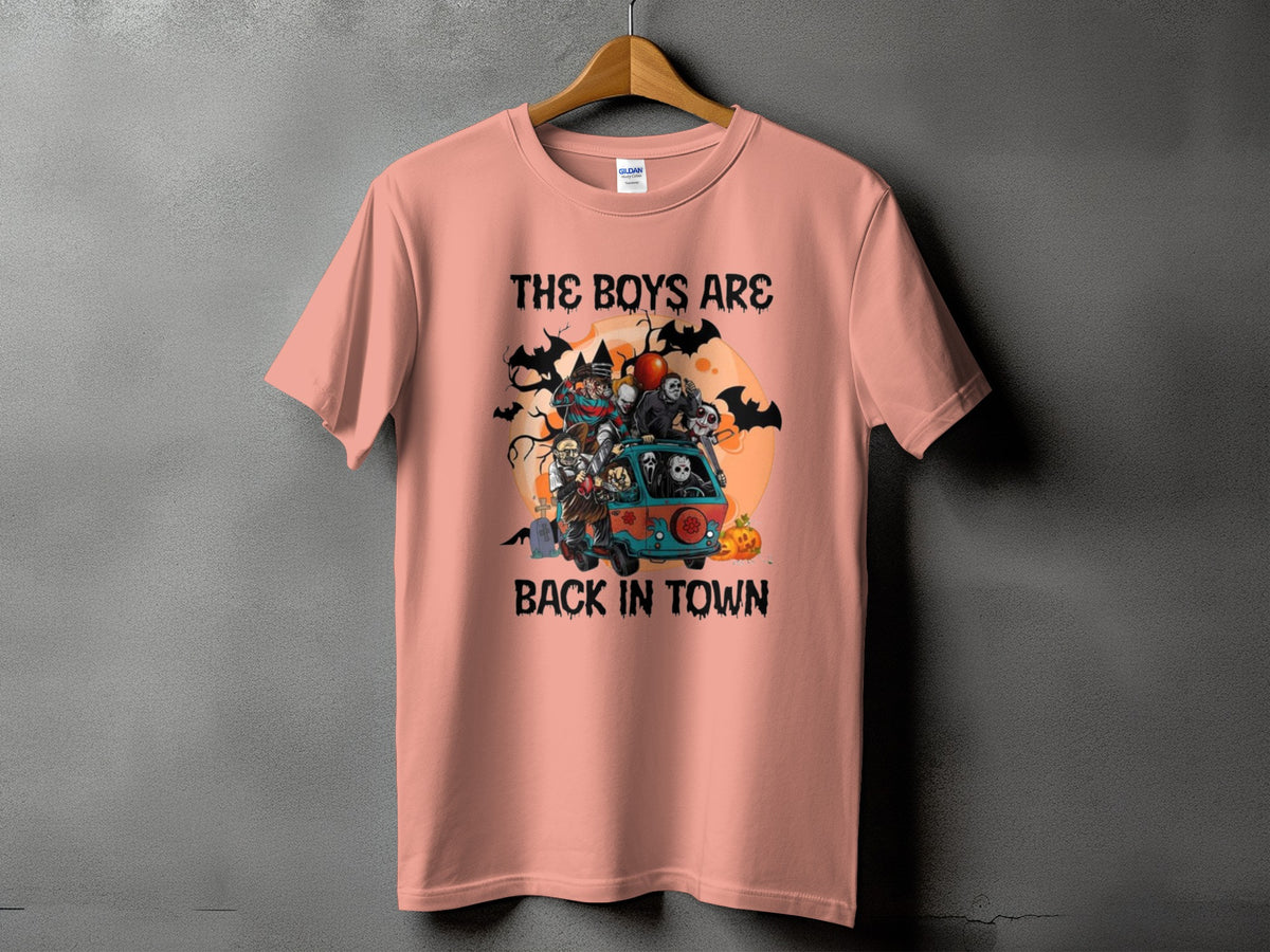 Peach t-shirt with "THE BOYS ARE BACK IN TOWN" text and horror characters in a van.