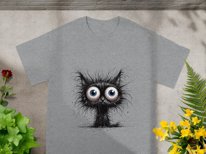 Big Eye Furry Black Cat Illustration T-Shirt