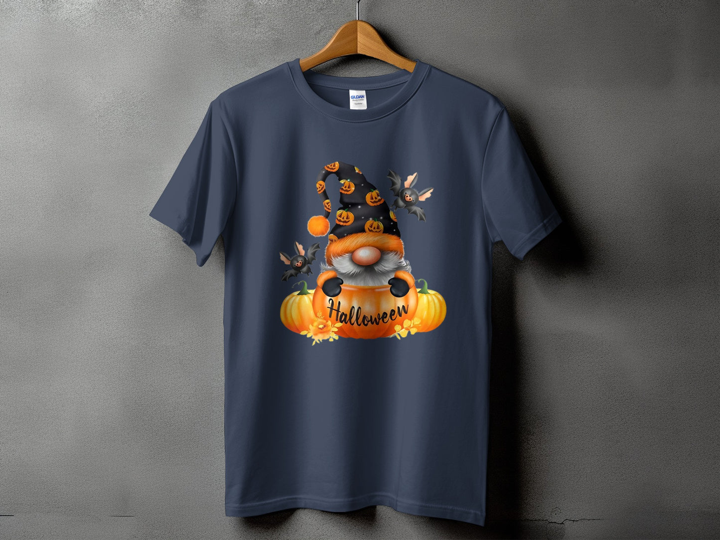 Dark blue t-shirt with Halloween gnome, pumpkins, bats, and "Halloween" text.