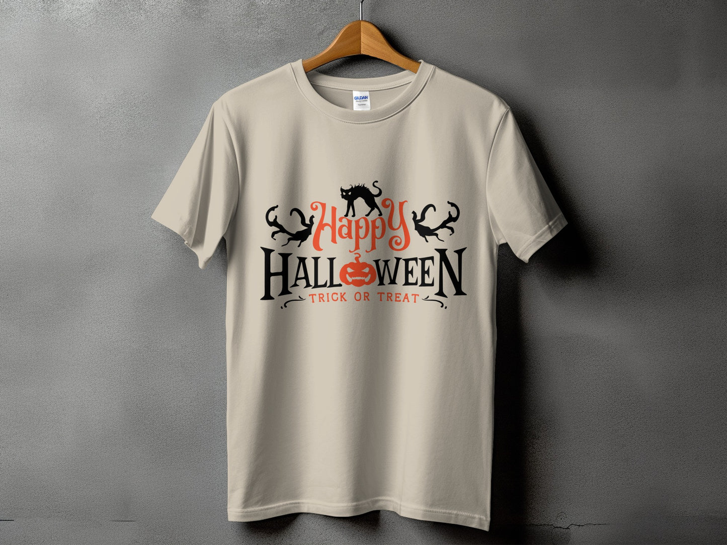 Light beige t-shirt with "Happy Halloween Trick or Treat" Halloween graphic.