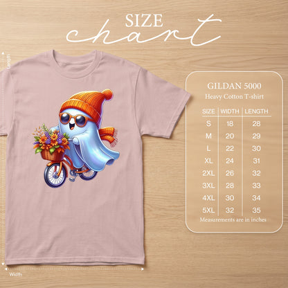 Ghost with flowers on bicycle wearing hat, scarf, and sunglasses. Size chart included.