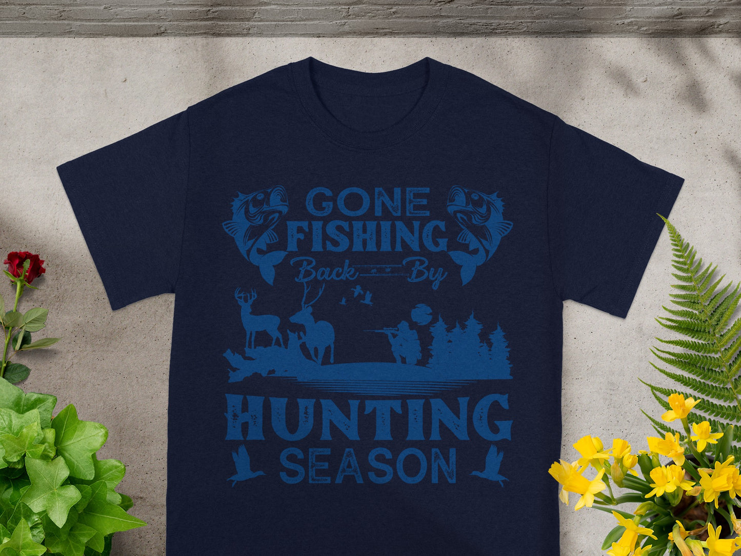 Navy t-shirt with "Gone Fishing Back By Hunting Season" text and hunting graphics.