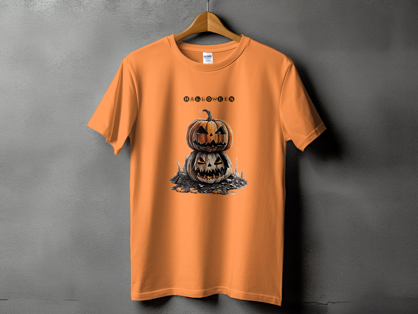Orange t-shirt with stacked Jack-o'-lanterns and "Halloween" text.
