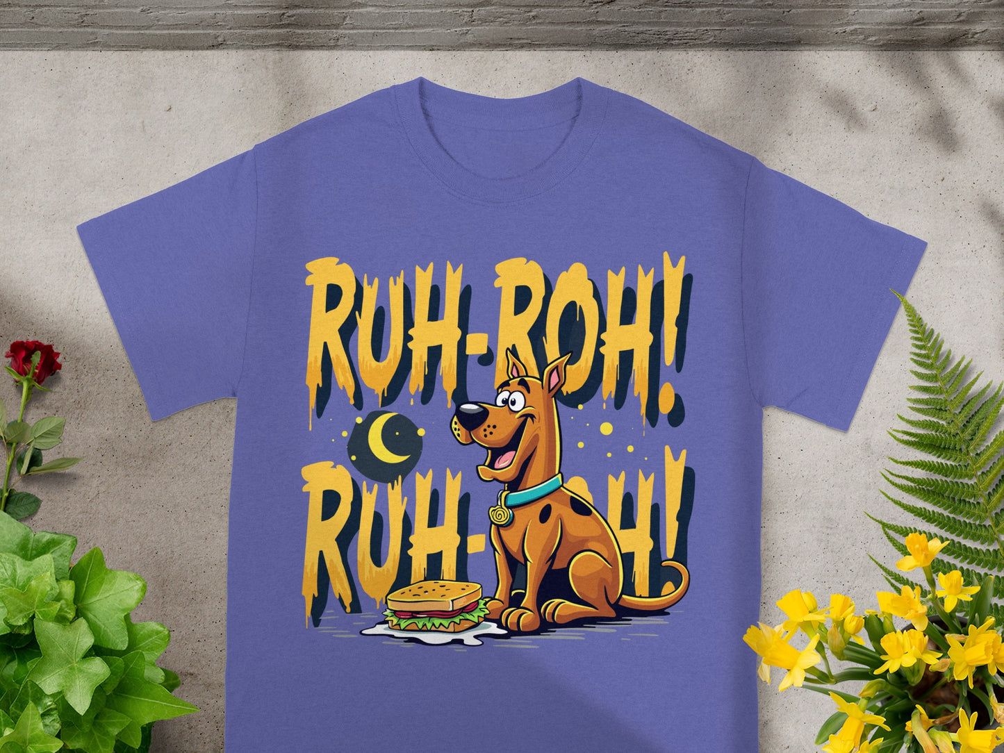 Scooby-Doo with a sandwich and "Ruh-Roh!" text on a purple t-shirt.