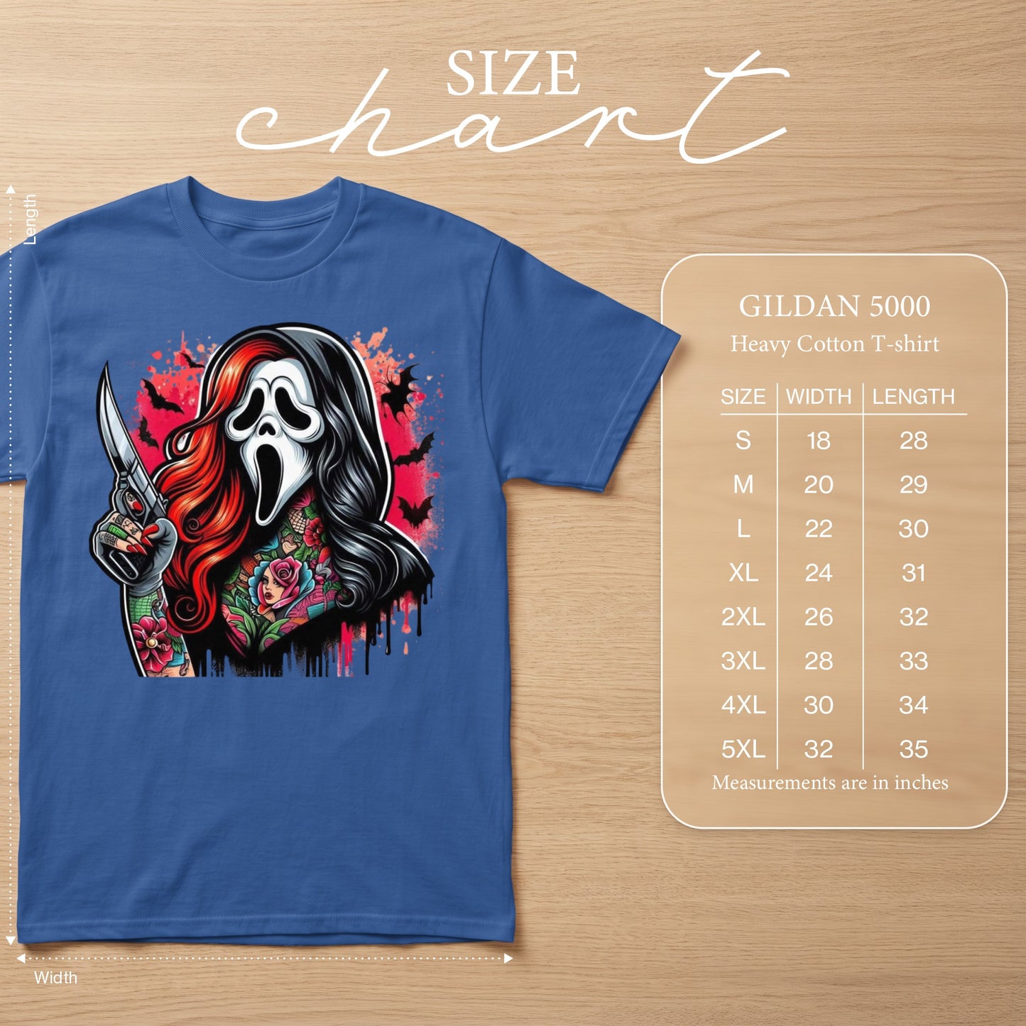 Blue Gildan 5000 t-shirt with graphic of tattooed Ghostface holding knife. Size chart.