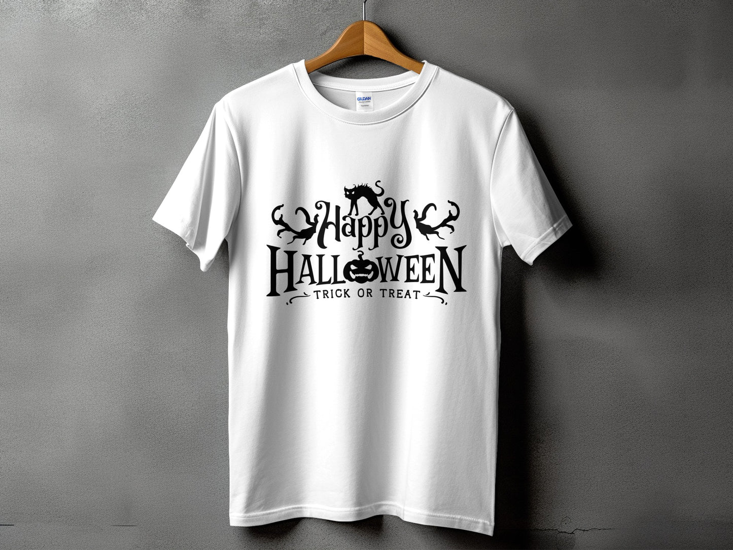 White t-shirt with black Halloween graphic featuring a cat, pumpkin, and text.
