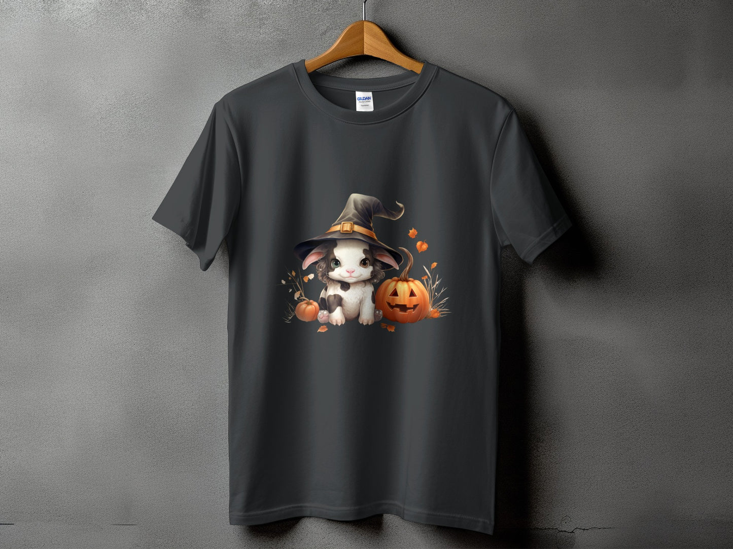 Dark gray t-shirt with a cute bunny in a witch hat and pumpkins graphic.