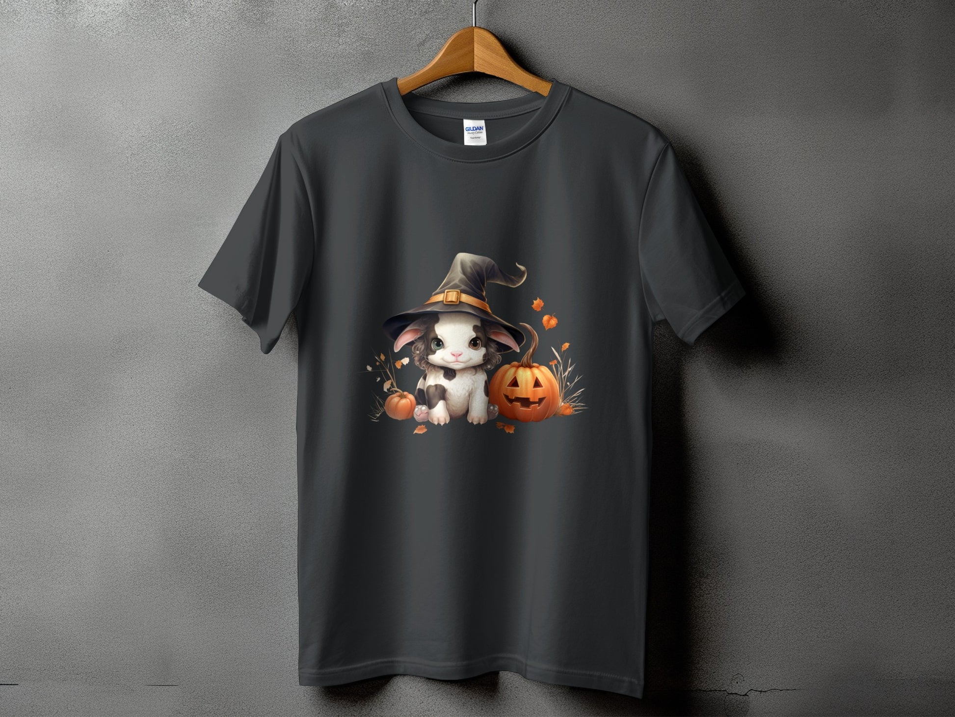 Dark gray t-shirt with a cute bunny in a witch hat and pumpkins graphic.