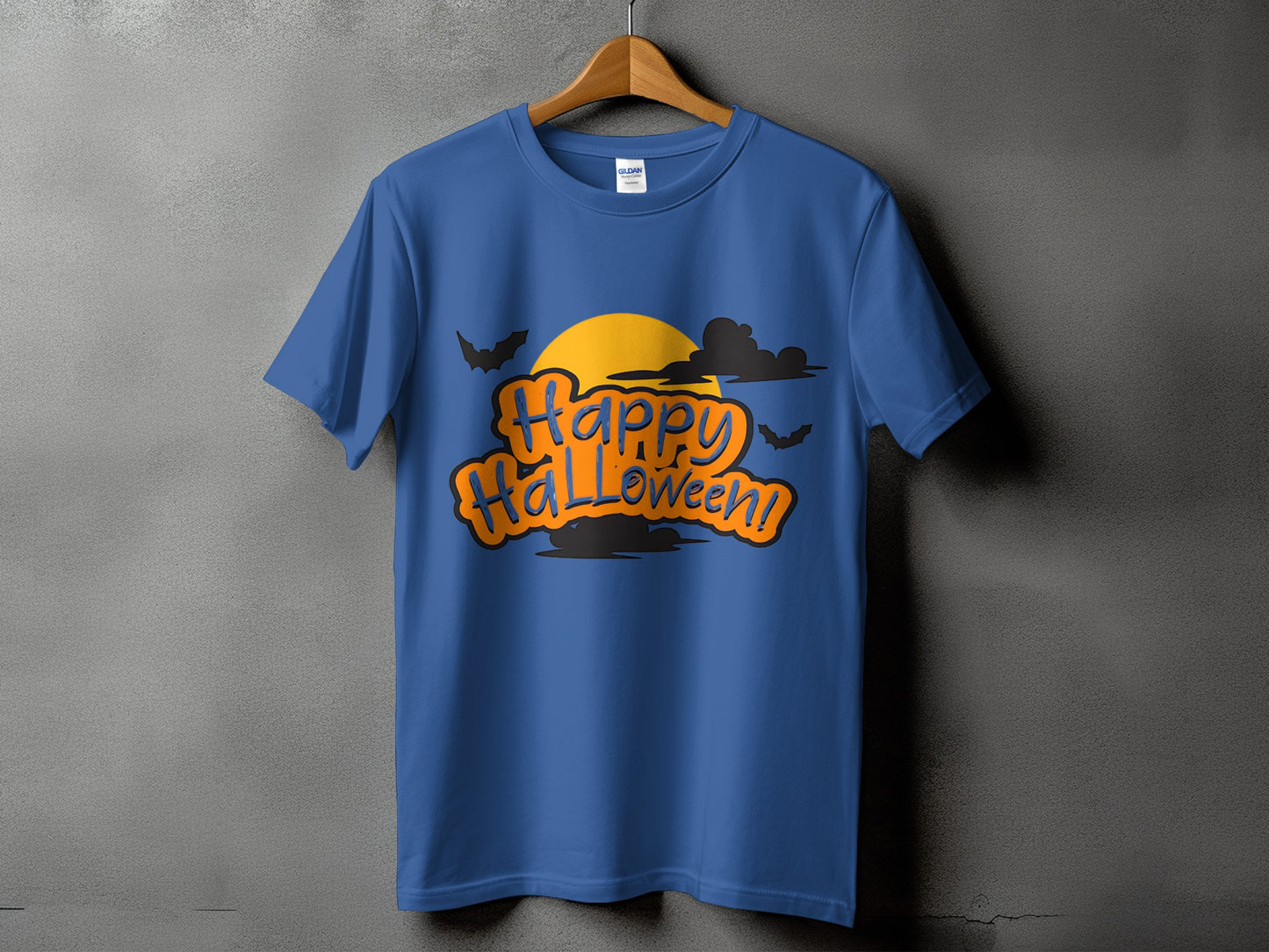 Blue t-shirt with "Happy Halloween!" text, moon, clouds, and bats graphic.
