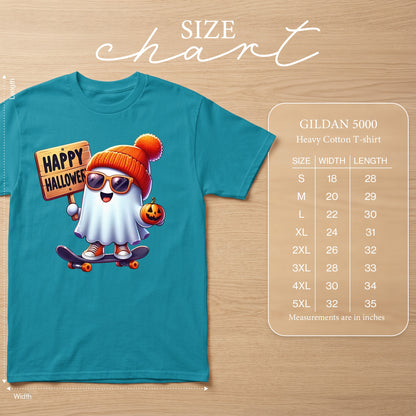Teal t-shirt with cartoon ghost on skateboard, holding "Happy Halloween" sign. Size chart included.