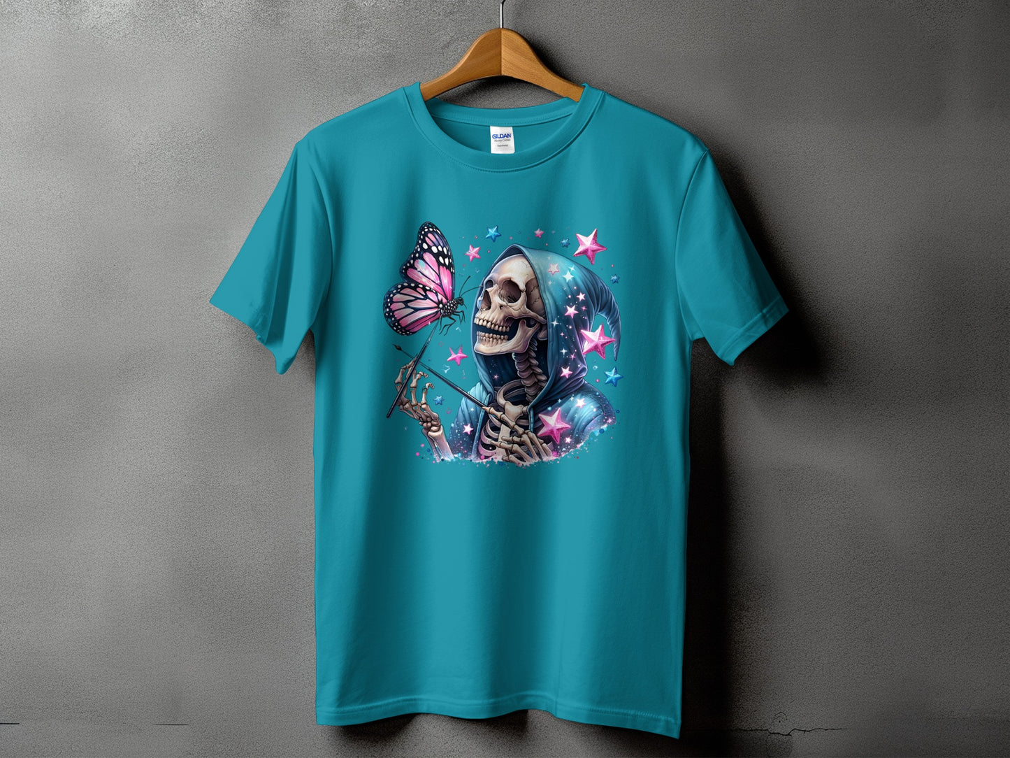 Skeleton in a hooded robe holding a wand, interacting with a pink butterfly and stars.