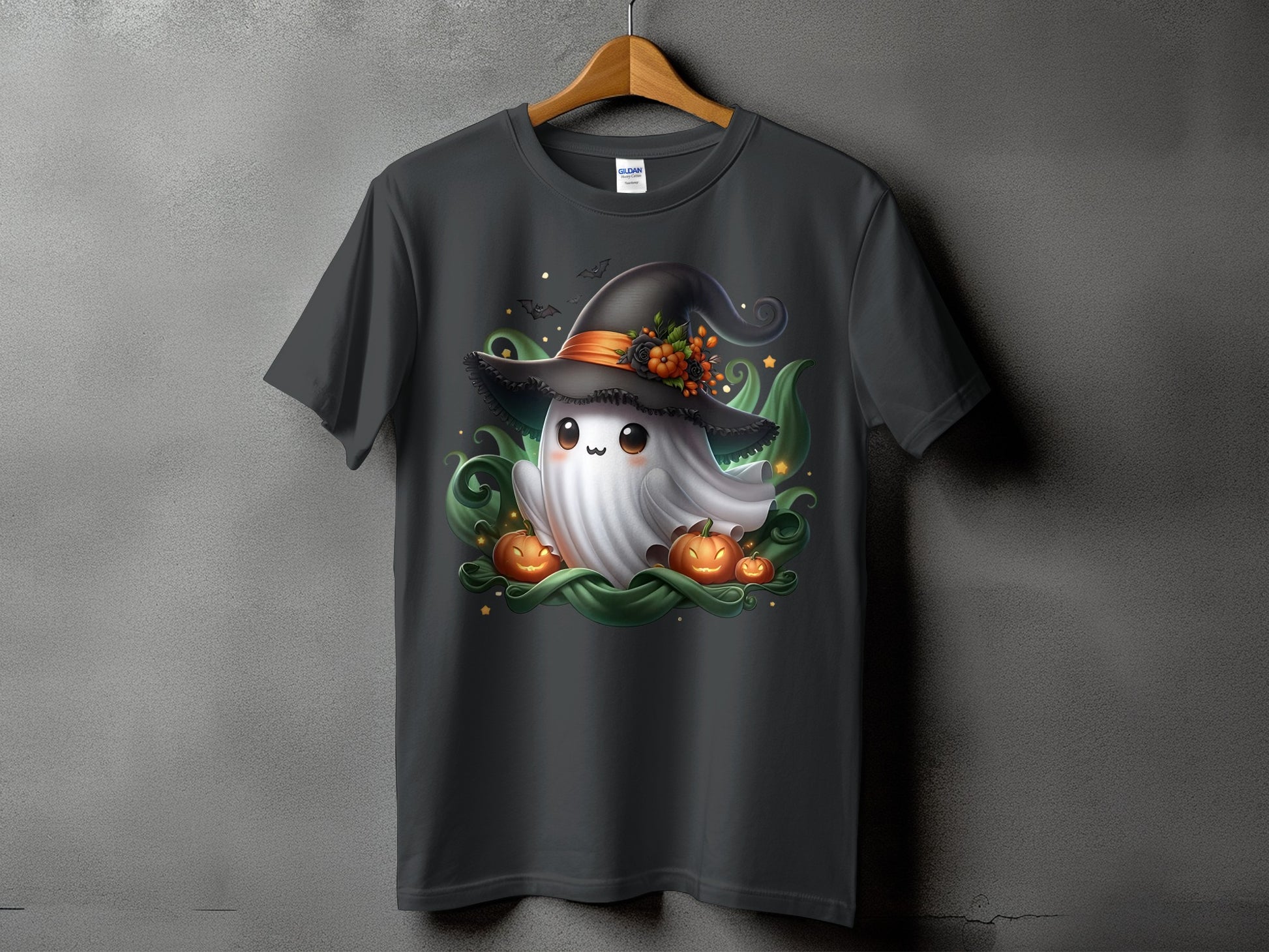 Ghost wearing a witch hat surrounded by pumpkins and green swirls.