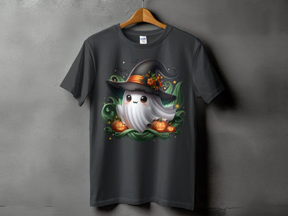 Ghost wearing a witch hat surrounded by pumpkins and green swirls.
