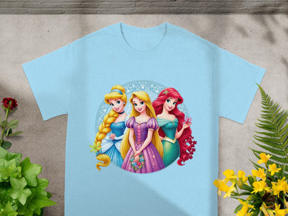 Light blue t-shirt featuring Rapunzel, Cinderella, and Ariel in a decorative circular frame.
